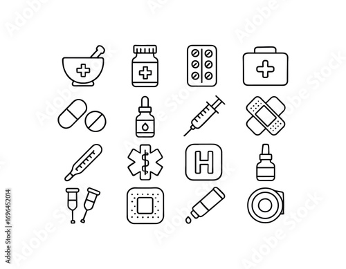 grid 4x4 vector icon line pharmacy and first aid 16 items isolated on white background