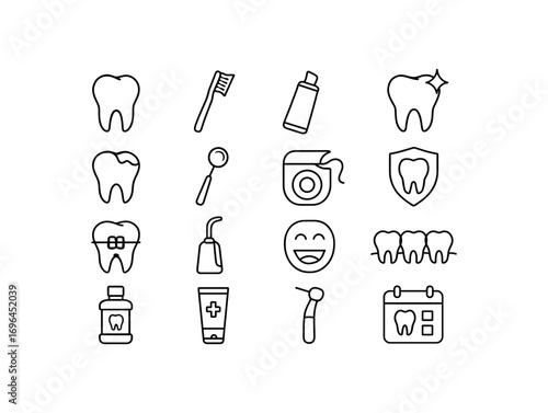 grid 4x4 vector icon line dental care 16 items isolated on white background