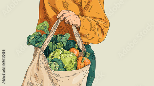 Illustration of a person holding a tote bag filled with fresh vegetables.