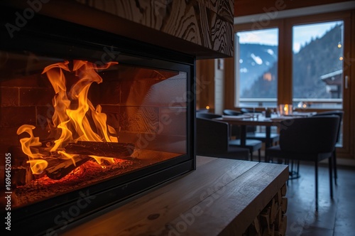 Charming scene of a warm fire glowing in a snug restaurant hearth during a winter evening in the mountains.