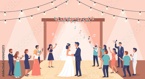 A newly married couple dances as guests celebrate their wedding reception, illuminated by string lights.