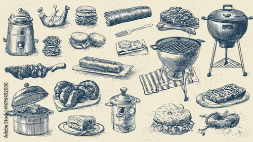 Hand-drawn illustration of various meats, vegetables, and herbs on a transparent background.