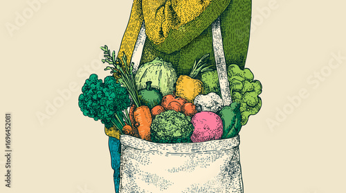 Illustration of a person holding a tote bag filled with fresh vegetables.