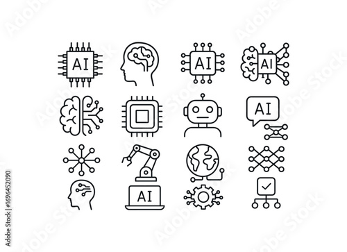 grid 4x4 vector icon line artificial intelligence 16 items isolated on white background
