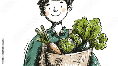 Illustration of a person holding a bag of fresh vegetables, including lettuce, carrots, and cucumbers, with a cheerful expression.