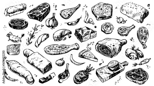 Hand-drawn illustration of various meats, vegetables, and herbs on a transparent background.