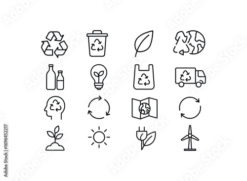 grid 4x4 vector icon line recycling and sustainability 16 items isolated on white background