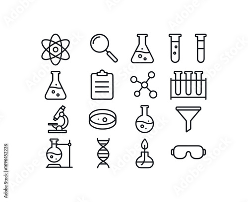 grid 4x4 vector icon line science and lab 16 items isolated on white background