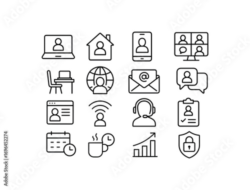 grid 4x4 vector icon line remote work 16 items isolated on white background