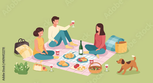 Happy friends enjoying a picnic lunch in a park.