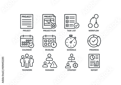 grid 4x4 vector icon line project management 16 items isolated on white background