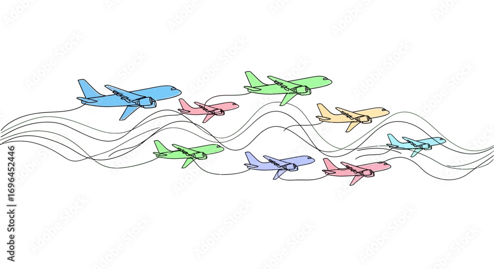 Naklejka premium Colorful airplanes fly in formation leaving wavy trails across a white background.