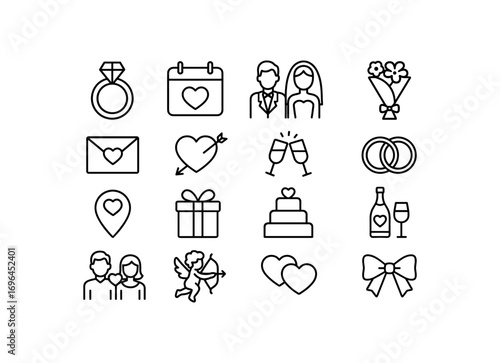 grid 4x4 vector icon line wedding and romance 16 items isolated on white background