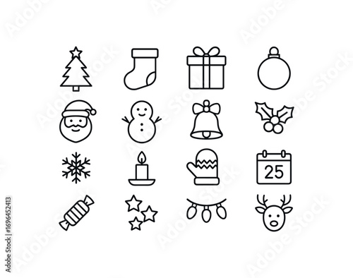 grid 4x4 vector icon line christmas 16 items isolated on white background