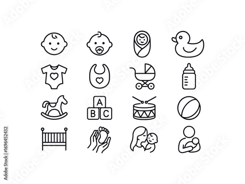 grid 4x4 vector icon line baby and parenting 16 items isolated on white background