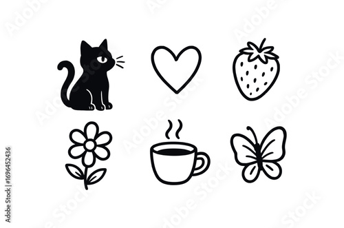 hand drawn cute doodle style line isolated on white background black cat curved tail sharp whisker pointed ear sitting paw glowing eye