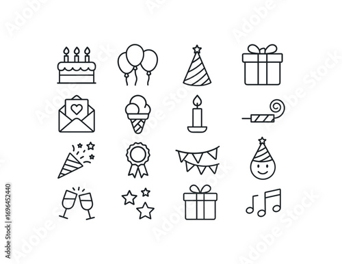 grid 4x4 vector icon line birthday party 16 items isolated on white background