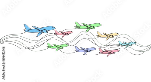 Colorful airplanes fly in formation leaving wavy trails across a white background.