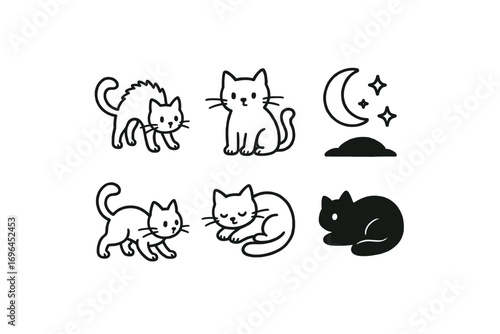hand drawn cute doodle style line isolated on white background cat arch long whisker curled tail crouched paw alert ear night shadow