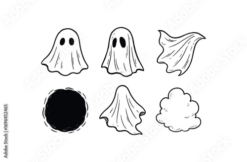 hand drawn cute doodle style line isolated on white background phantom cloth eerie veil waving fabric dark hollow floating shroud pale mist