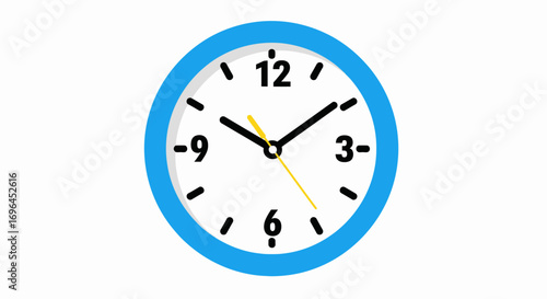 Simple blue analog clock showing almost ten o'clock on a white background