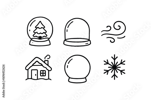 hand drawn cute doodle style line isolated on white background winter globe clear dome snow swirl small cabin glass sphere festive flake