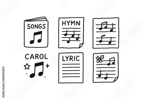 hand drawn cute doodle style line isolated on white background song book hymn page music script carol note festive lyric holiday sheet