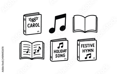 hand drawn cute doodle style line isolated on white background carol book music note open page holiday song festive hymn singing sheet