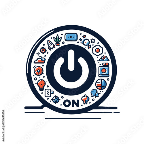 Colorful power button surrounded by creative icons