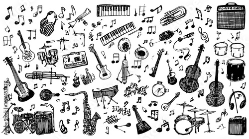 Hand-drawn musical instruments and notes on a transparent background.