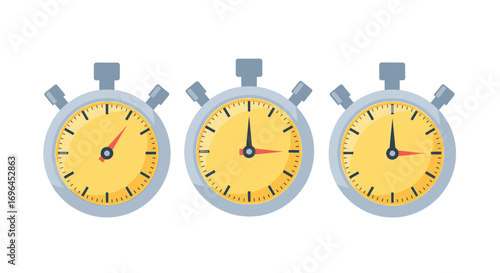 Three classic analog stopwatches showing different times against a white background