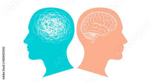 Illustration showing two profiles of a head, one with a chaotic mind and the other with a clear, organized brain.