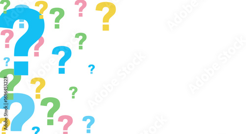 Colorful question marks floating on a white background, representing curiosity and inquiry