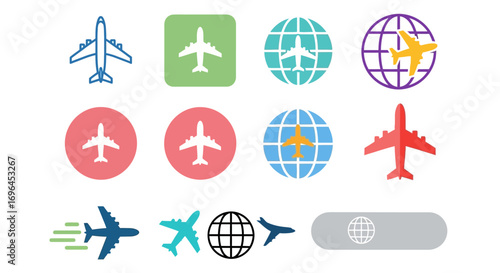 Colorful aviation icons and symbols representing travel and global connectivity