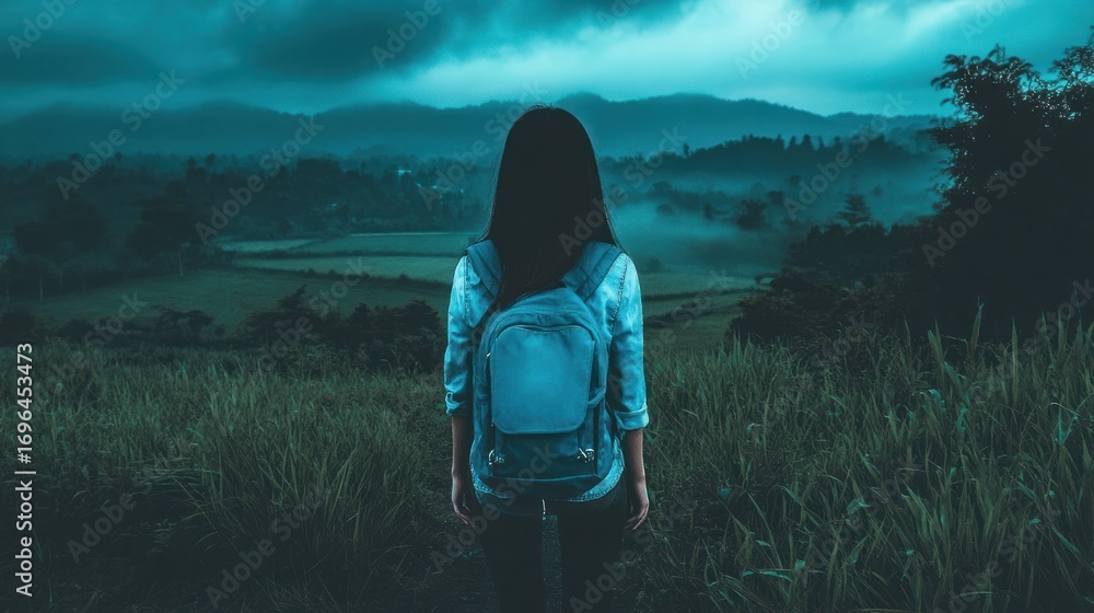 Fototapeta premium Woman with backpack in green valley landscape at dusk