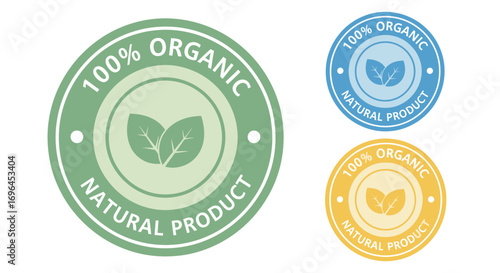 Round organic natural product labels with leaf icon