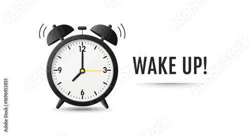 Classic alarm clock ringing, signaling the start of a new day with a "WAKE UP!" message.