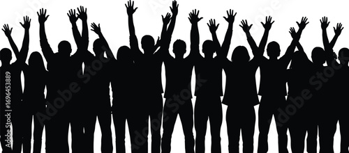 Silhouetted crowd raising hands, unity celebration, group cheering, teamwork concept, social gathering, black silhouettes, white background, collective action, people together, abstract vector