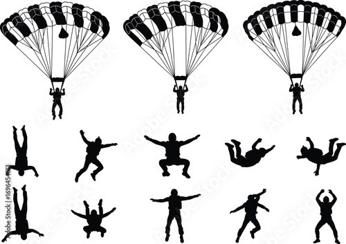 Skydivers and parachute silhouettes vector set, extreme sport action poses, black and white skydiving illustration for adventure, flying, fall, and free jump design