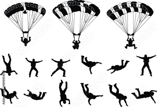 Skydiving and parachuting vector silhouettes, extreme sport freefall jumpers with open parachutes, black and white illustration for adventure, outdoor activity, sky sport design