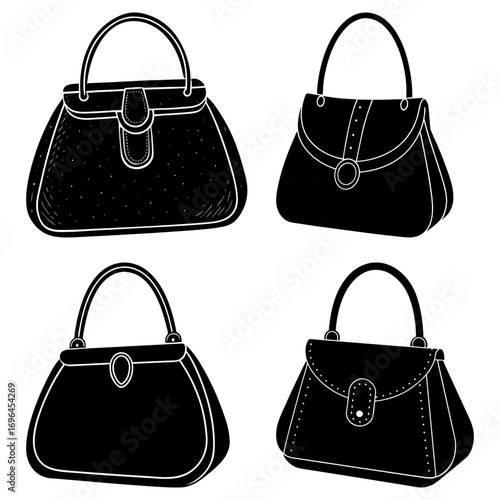Illustration of four black handbags with different shapes and styles on a white background in vector format