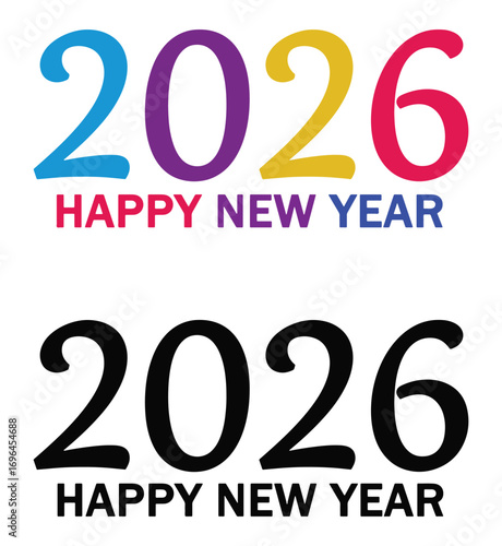 Two versions of a Happy New Year 2026 graphic design, one in color and one in black.