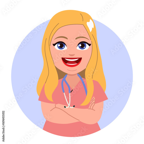 Professional cartoon illustration of a beautiful blonde nurse or doctor woman with crossed arms, symbolizing healthcare, medical staff, trust and patient care