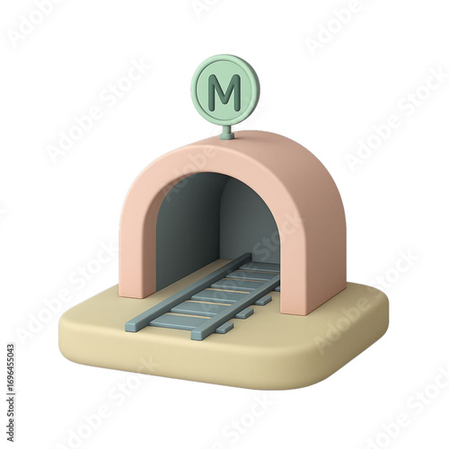 Stylized 3d subway station entrance with tracks and m sign isolated on transparent background