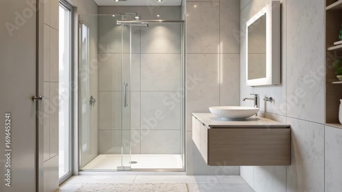 Modern bathroom interior with walk-in shower, illuminated mirror, and stylish sink design