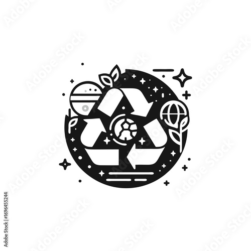 Circular recycling symbol with planets and leaves design