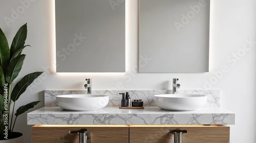 Modern luxury bathroom with minimalist design, marble countertop, and elegant fixtures