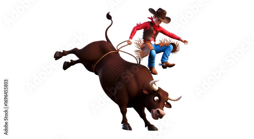 wild ride 3d cartoon cowboys thrilling bull riding adventure, isolated on transparent background