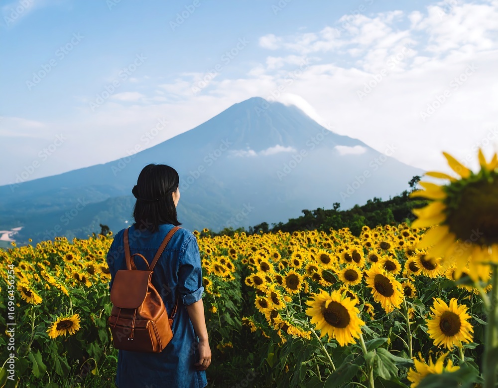 Fototapeta premium Woman gazing at a volcano through a sunflower field