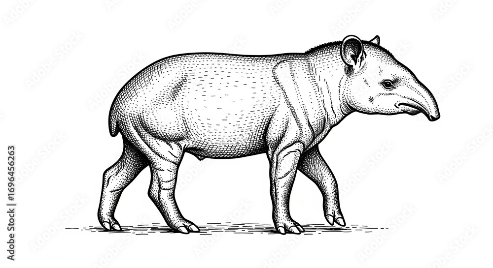 Fototapeta premium Detailed black and white illustration of a tapir walking, wild animal drawing, isolated transparent background.